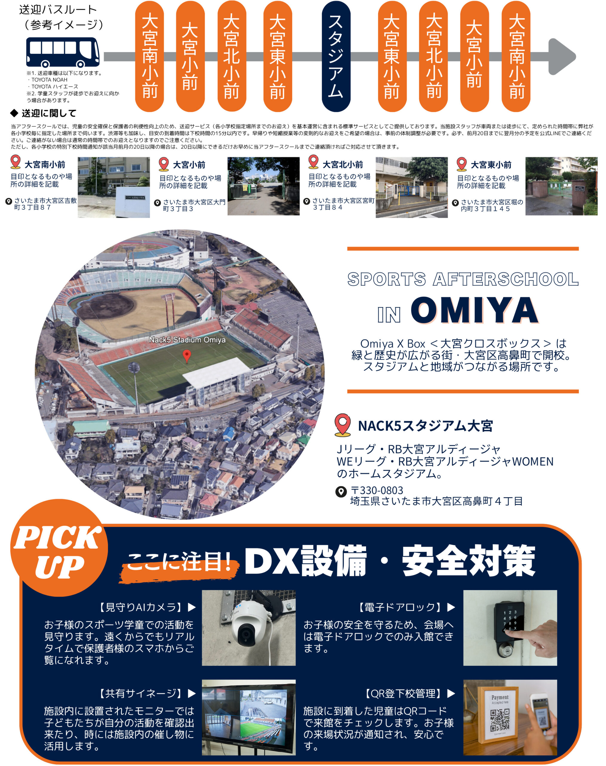 Omiya X Boxのアクセス・安全設備紹介。送迎バスルート、NACK5スタジアム大宮の所在地、見守りAIカメラ・電子ドアロック・共有サイネージ・QR登下校管理を掲載。